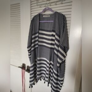 Loft One Size Navy White Striped Kimono With Fringe Detail Rayon Acrylic Blend